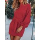 Langarm-Minikleid Rundhals verknotet Solid Color Herbst Kleid