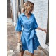 Blaue Etuikleider für Damen mit halben Ärmeln, geschichtetem, lässigem Tunika-Kleid mit V-Ausschnitt