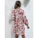Damen Etuikleider Langarm Bedrucktes V-Ausschnitt Klassisches Pink Tunika Kleid