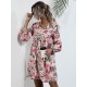 Damen Etuikleider Langarm Bedrucktes V-Ausschnitt Klassisches Pink Tunika Kleid