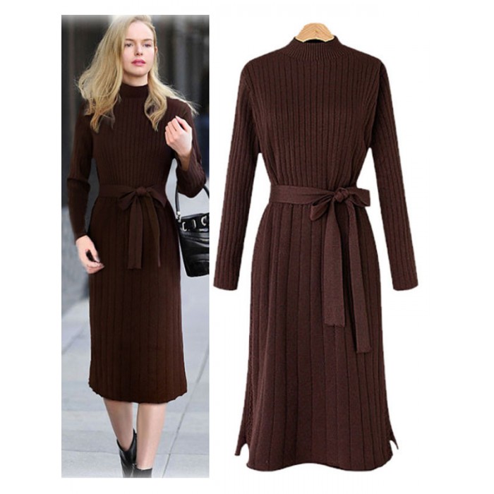 Damen Sweater Kleid Etuikleider Langarm Classic Jewel Neck Schwarze Pullover Tunika Kleid mit Gürtel