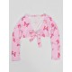 Damen Bluse Pink Polyester V-Ausschnitt Langarm Schmetterling Muster Schnüren Sexy Top