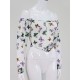 Damen weiße Bluse Polyester Schmetterling gedruckt Bateau Neck Langarm Sexy Top
