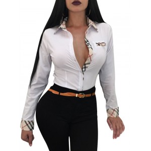 Frauen Sexy Shirt Langarm-Spread-Ausschnitt Baumwolle Casual Top