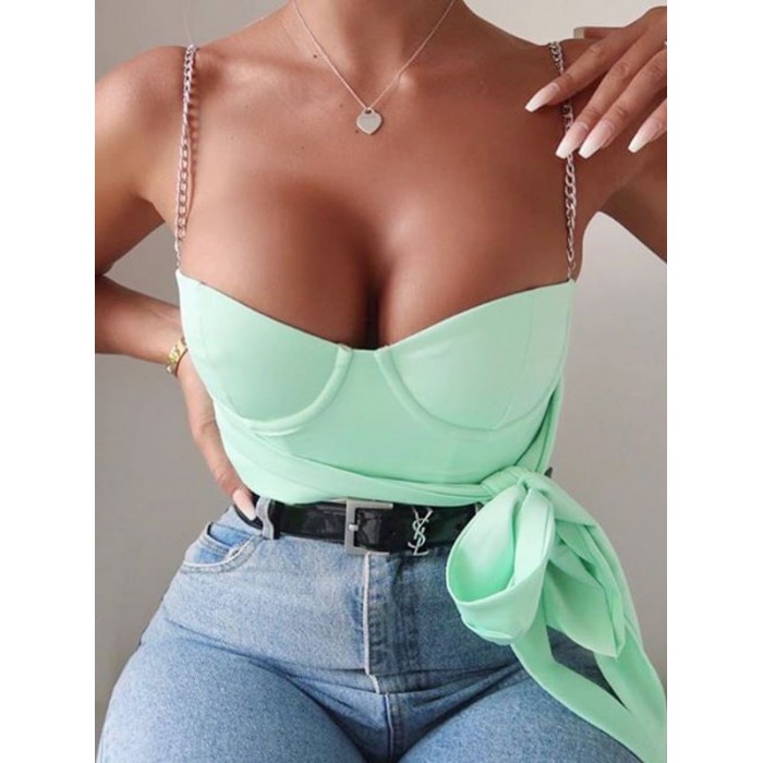 Womens Mint Green Top Straps Hals Ärmellose Polyester Sexy Tops