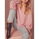 Bluse für Frauen Rosa Chiffon V-Ausschnitt Lässig Langarm Tops