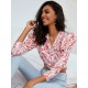 Damen Bluse Pink Blumendruck V-Ausschnitt Casual 3/4 Länge Ärmel Polyester Tops Casual Shirt