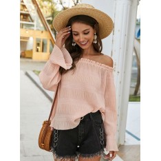 Frauen Bluse Pink Polyester Bateau Neck Casual Langarm Sexy Tops 