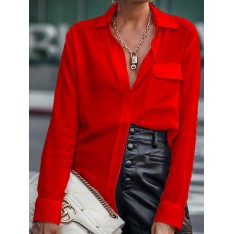Frauen Shirt Red Turndown Kragen Langarm Polyester Casual Tops 