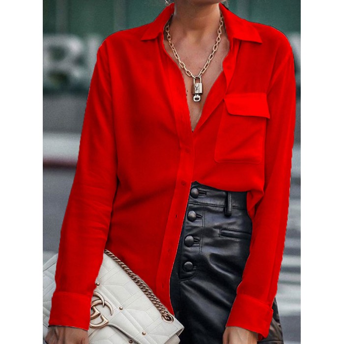 Frauen Shirt Red Turndown Kragen Langarm Polyester Casual Tops