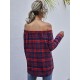 Frauenhemd Red Plaid Polyester Jewel Neck Kurzarm Casual Tops