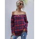 Frauenhemd Red Plaid Polyester Jewel Neck Kurzarm Casual Tops