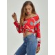 Rote Bluse für Frauen Polyester Turndown Kragen gedruckt geknotete Knöpfe lange Ärmel Sexy Tops Sommerhemd