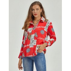 Rote Bluse für Frauen Polyester Turndown Kragen gedruckt geknotete Knöpfe lange Ärmel Sexy Tops Sommerhemd 