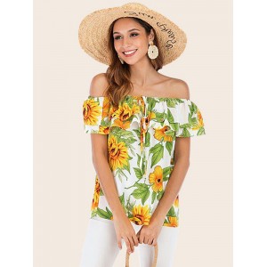 Sommerbluse für Frauen Grüne Sonnenblumen Bedruckte Kordelzug Bateau Neck Casual Kurzarm Polyester Casual Tops 