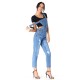 Mom Jeans Frauen Blue Jeans Buttons Baumwolle Raised Waist Tapered Fit Hose Jeanshose