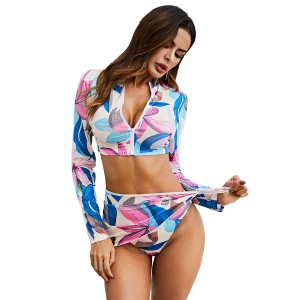 Blauer Bikini Plus Size 2-teiliges Set Designed Ausschnitt Reißverschluss Tarnmuster Polyester Sexy Summer Beach Badeanzug Outfits