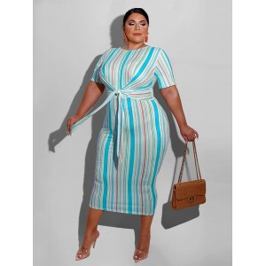 Plus Size Blue Bodycon Kleid Jewel Neck Kurzarm Streifen Muster Schnüren Lässig Langes Kleid