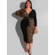 Plus Size Bodycon Kleid V-Ausschnitt Langarm Leopardenmuster Pattern Schnüren Langes Kleid