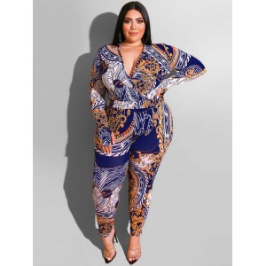 Plus Size Jumpsuit V-Ausschnitt Schnürung Langarm Polyester Bedrucktes Muster Sommer One Piece Outfit