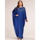 Plus Size Langes Kleid Blue Jewel Neck Batwing Langarm Spitze Boden bodenlanges Kleid