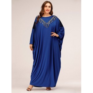 Plus Size Langes Kleid Blue Jewel Neck Batwing Langarm Spitze Boden bodenlanges Kleid 