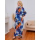 Plus Size Maxikleid Jewel Neck Lange Ärmel Unregelmäßige Pailletten Split Polyester Blue Long Dress