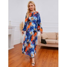 Plus Size Maxikleid Jewel Neck Lange Ärmel Unregelmäßige Pailletten Split Polyester Blue Long Dress 