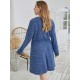 Plus Size Sommerkleid Blau Blumendruck V-Ausschnitt Langarm Polyester Knielanges Freizeitkleid