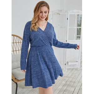 Plus Size Sommerkleid Blau Blumendruck V-Ausschnitt Langarm Polyester Knielanges Freizeitkleid 