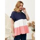 Plus Size T-Shirt für Frauen Jewel Neck Langarm Rüschen Color Block Polyester Casual Sommerbluse