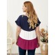 Plus Size T-Shirt für Frauen Jewel Neck Langarm Rüschen Color Block Polyester Casual Sommerbluse