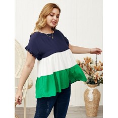 Plus Size T-Shirt für Frauen Jewel Neck Langarm Rüschen Color Block Polyester Casual Sommerbluse 
