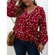 Plus Size T-Shirt für Frauen Marineblau V-Ausschnitt Langarm Blumendruck Polyester Casual Sommer Top