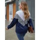 Plus Size T-Shirt für Frauen Navy Blue Jewel Neck Langarm Polyester Color Block Sommerbluse