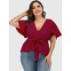 Plus Size T-Shirt für Frauen V-Ausschnitt Kurzarm Plissee Schnür Batwing Kurzarm Polyester Casual Pink Top