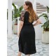 Plus Size Tunika Kleid Schwarzes V-Ausschnitt Kurzarm Polyester Knielanges Sommerkleid