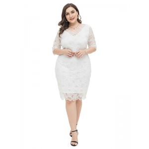 Plus Size White Dress V-Ausschnitt Illusion Halbarm Layered Nylon Lace Bodycon Dress 