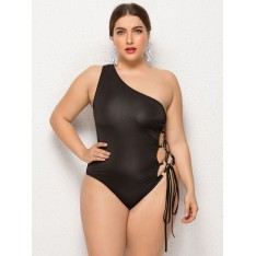 Schwarzer Monokini Plus Size One Schulterausschnitt Polyester Schnür Sexy Strand Badeanzug 