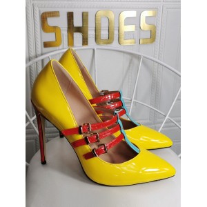 Plus Size High Heels für Frauen Pointed Toe Stiletto Heel Mode Patent PU Gelb Mary Jane Heels