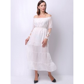 Damen Maxi Weiß Kleider Langarm Bateau Neck Lace Polyester Langes Kleid 