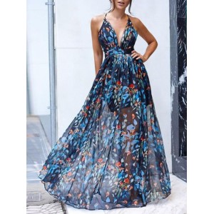 Damen Maxikleider Ärmelloses Blumendruck Rückenfreies Polyester bodenlanges blaues langes Kleid 