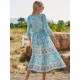 Damen Maxikleider Halbarm Blaue Blumenmuster V-Ausschnitt Baumwolle bodenlanges Kleid