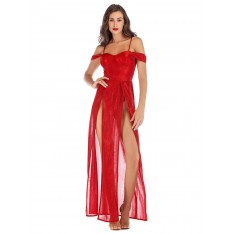 Damen Maxikleider Rote ärmellose Träger Hals geteilt vorne rückenfreies Polyester langes Kleid 