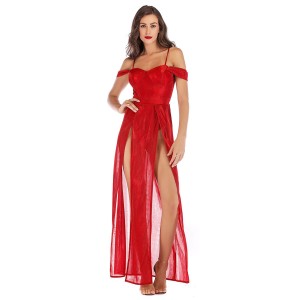 Damen Maxikleider Rote ärmellose Träger Hals geteilt vorne rückenfreies Polyester langes Kleid