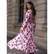 Damen Rosa Maxikleider Rose Pattern Langarm Bedruckt Jewel Neck Split Front Polyester Langes Kleid
