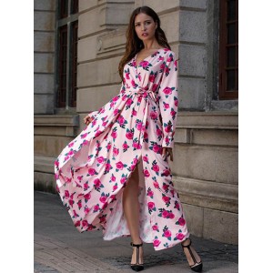 Damen Rosa Maxikleider Rose Pattern Langarm Bedruckt Jewel Neck Split Front Polyester Langes Kleid 