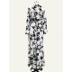 Damen Weiß Maxikleider Langarm Ärmeln Blumendruck V-Ausschnitt Schnürung Langes Kleid