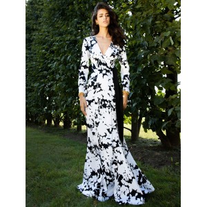 Damen Weiß Maxikleider Langarm Ärmeln Blumendruck V-Ausschnitt Schnürung Langes Kleid 