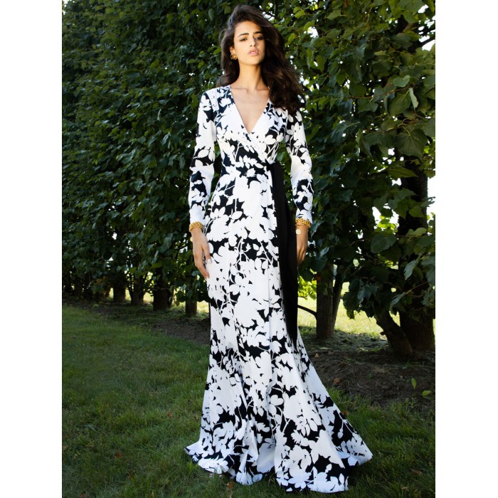 Damen Weiß Maxikleider Langarm Ärmeln Blumendruck V-Ausschnitt Schnürung Langes Kleid